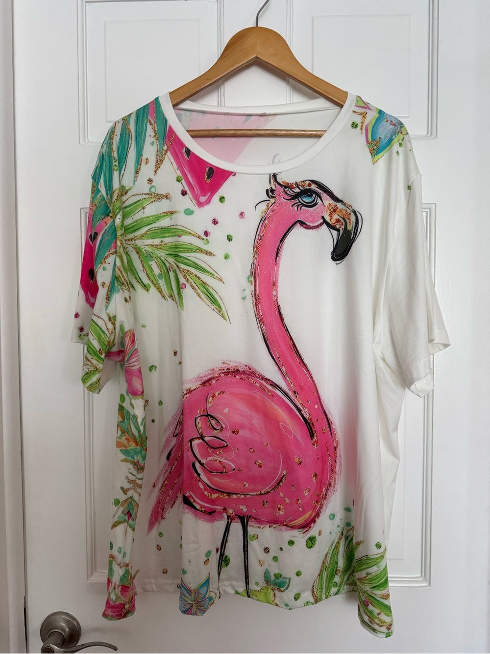 Women's White Tee with Pink Flamingo Print by